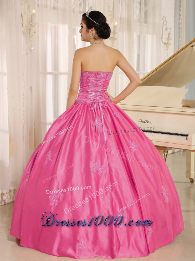 Hot Pink Sweetheart Quinceanera Gowns Appliques With Beading