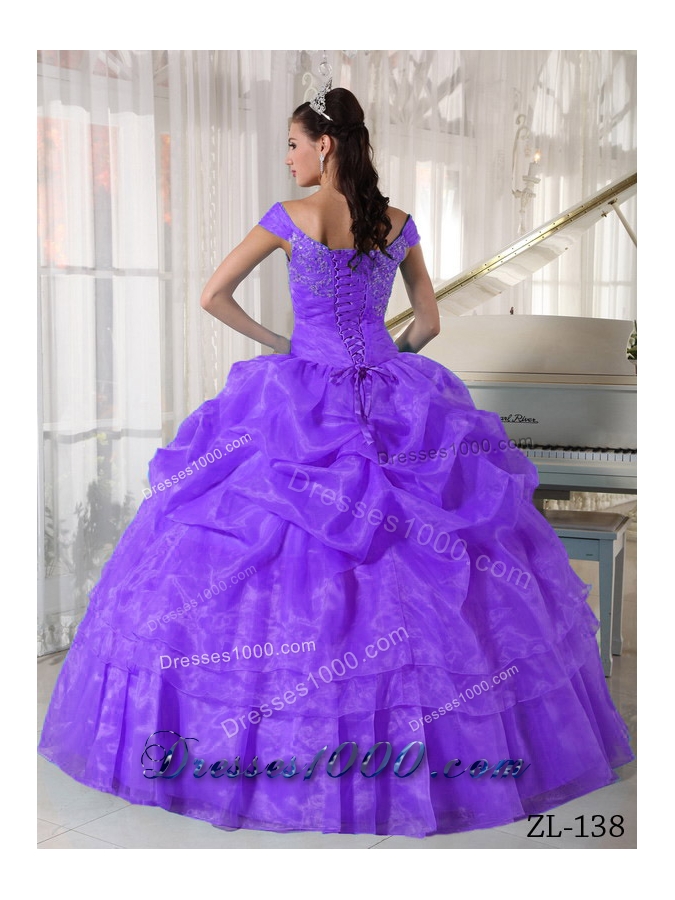 Off The Shoulder Organza Purple Sweet Sixteen Dresses with Pick-ups and Beading