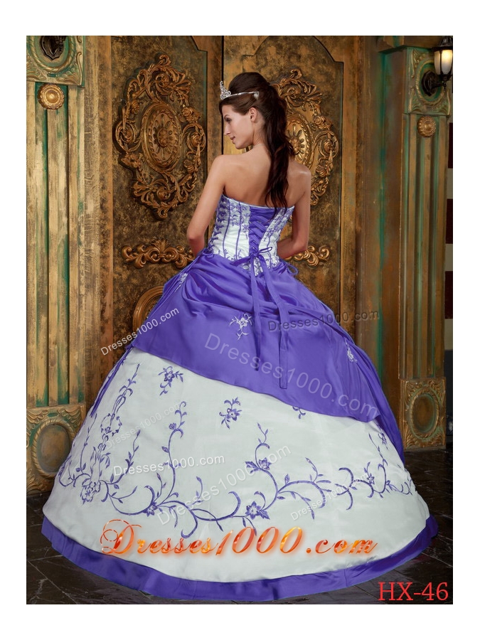 Purple and White Ball Gown Strapless Embroidery Dresses For a Quinceanera with Pick-ups