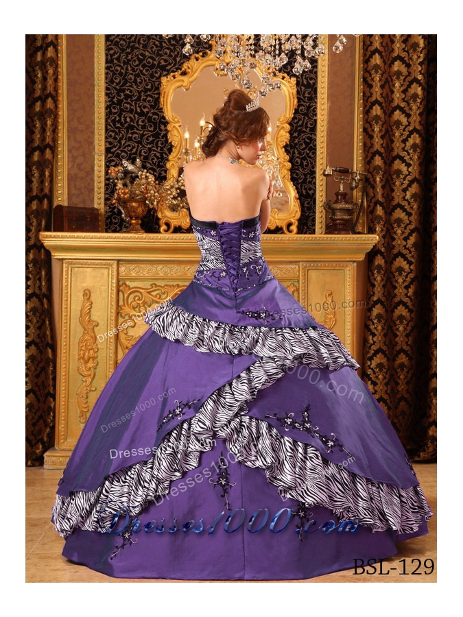 Purple Ball Gown Strapless Embroidery Sweet 16 Dresses with Appliques
