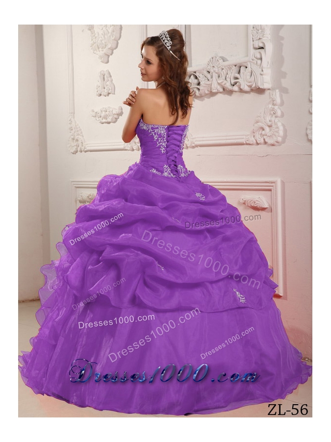 Purple Ball Gown Strapless Organza Beading and Ruffles Quinceanera Dress