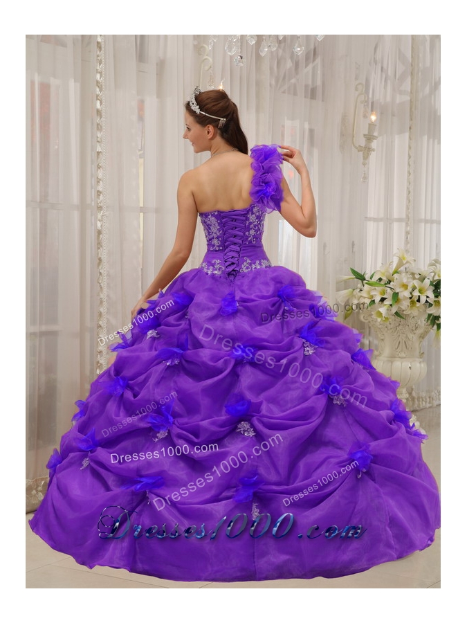 Purple One-shoulder Appliques Quinceanera Dress with Pick-ups