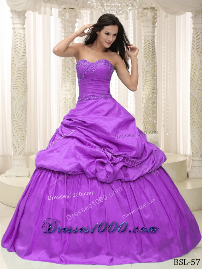 Purple Pick-ups and Appliques Taffeta For Quinceanera Dress