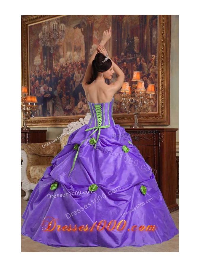 Purple Puffy Strapless Quinceanera Gowns with Appliques and Flowers