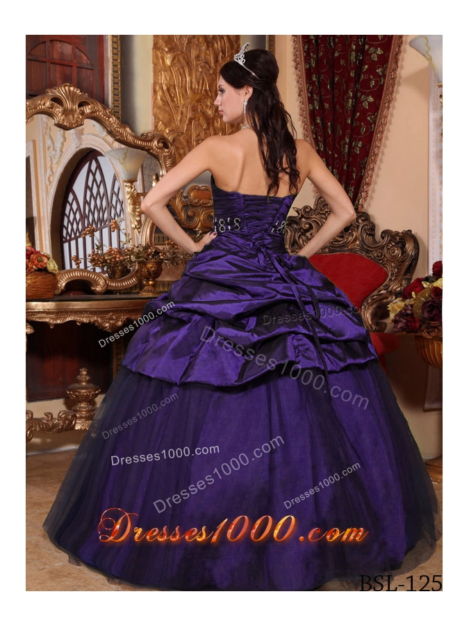 Purple Strapless Taffeta Beading Quinceanera Gowns with Pick-ups