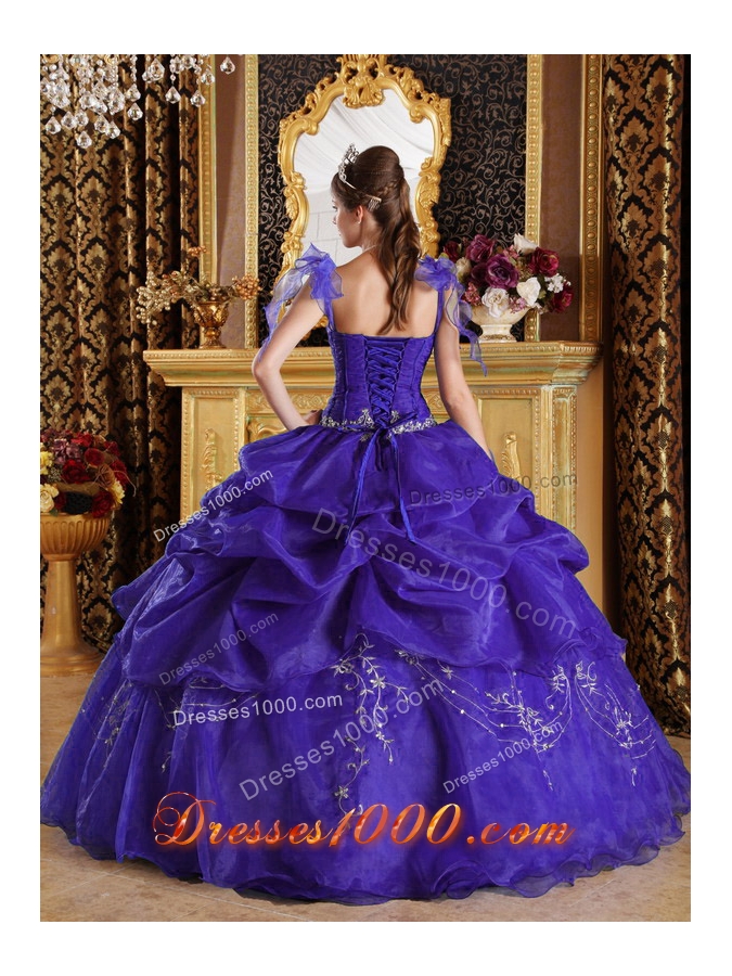 Purple Straps Appliques Quinceanera Dress with Hand Made Flowers and Pick-ups
