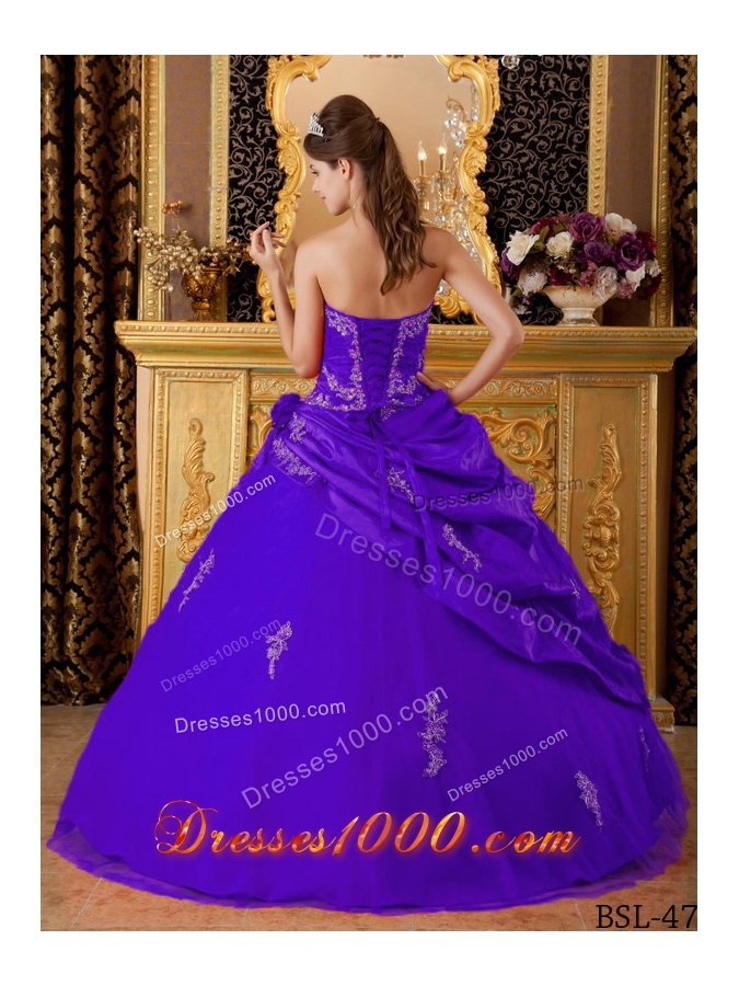 Purple Sweetheart Appliques and Pick-ups Hand Made Flower Quinceanera Dress