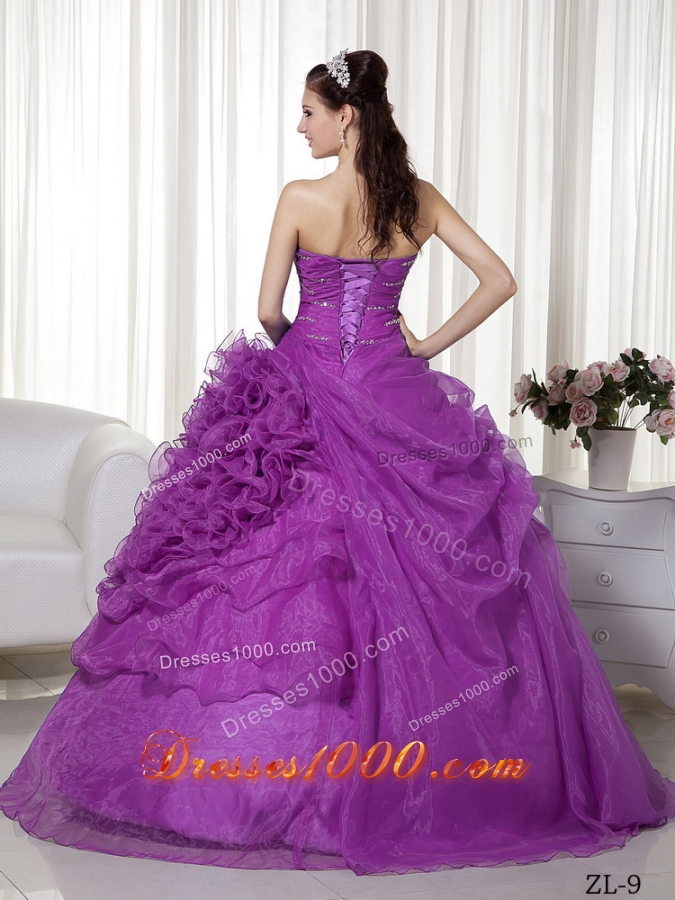 Purple Sweetheart Beading and Ruffles Quinceanera Gowns with Ruching