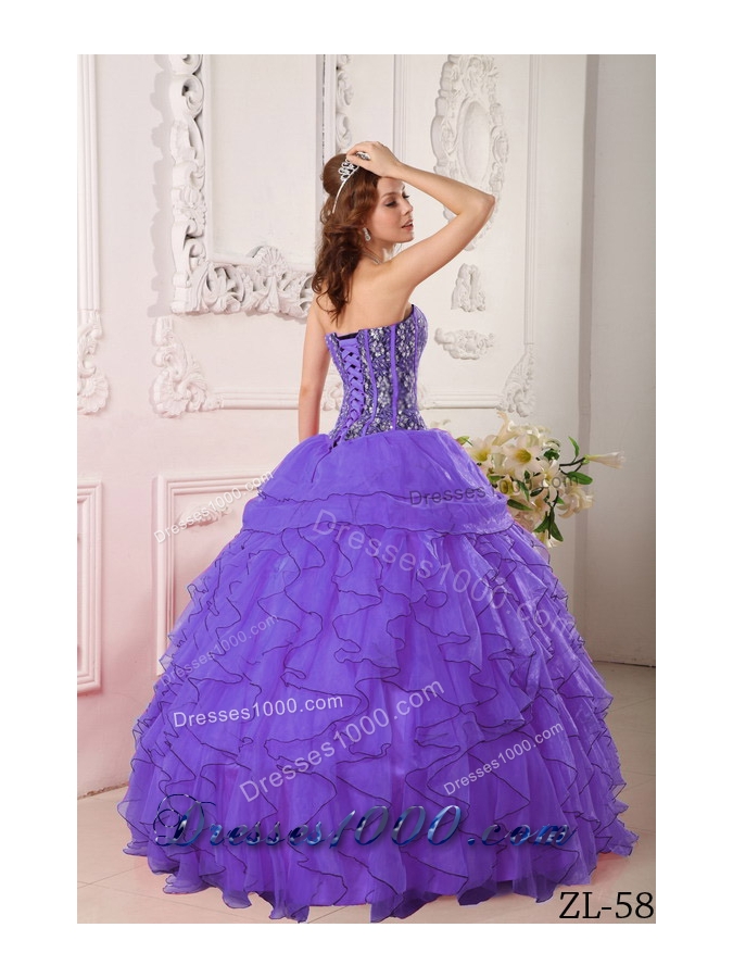 Purple Sweetheart Organza Sweet 15 Dresses with Beading and Ruffles