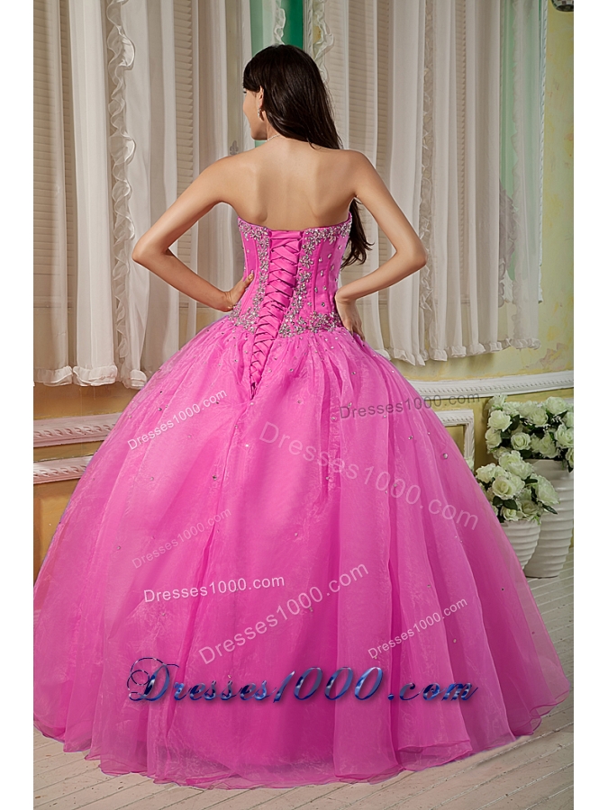 Rose Pink Ball Gown Sweetheart Quinceanera Dress with Organza Beading