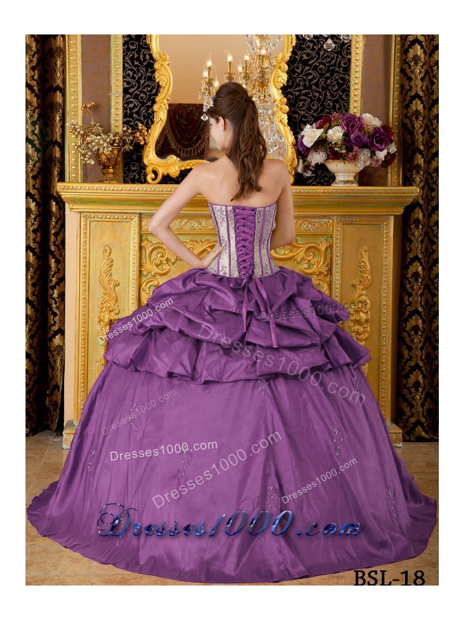 Strapless Appliques Purple Quinceanera Gown Dresses wirh Pick-ups