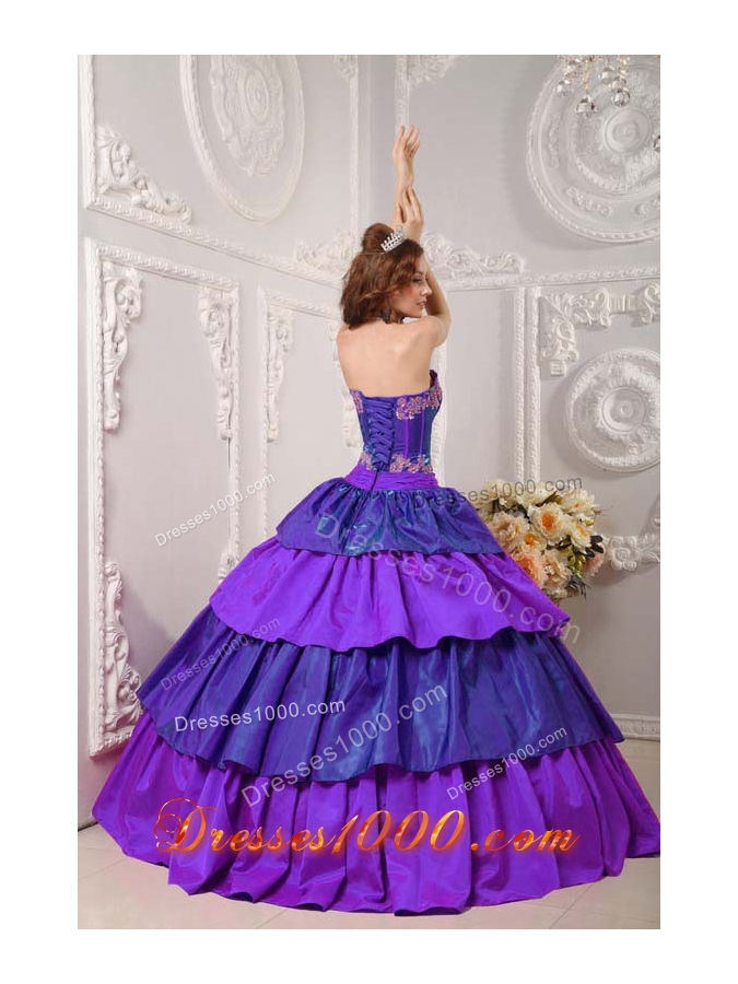Strapless Taffeta Appliques for Purple Quinceneara Dresses with Layers