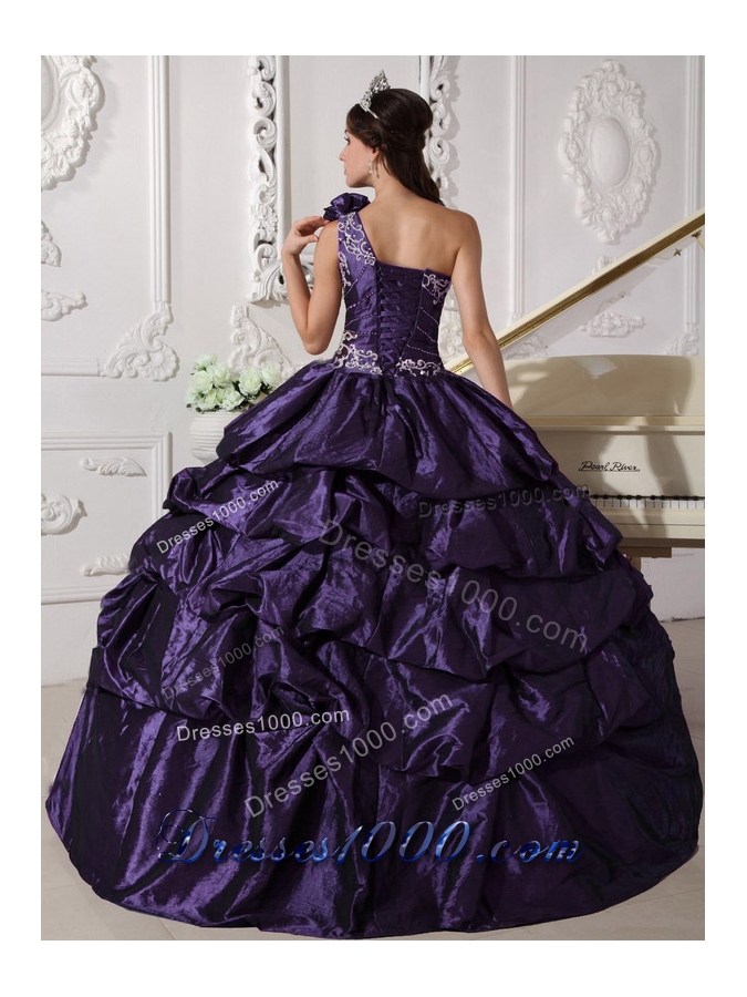 Dark Purple Ball Gown One Shoulder Dresses For a Quinceanera with Appliques and Pick-ups