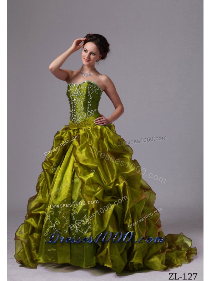 Embroidery and Pick-ups Sweep Train Quinceaneras Dress For Custom Made