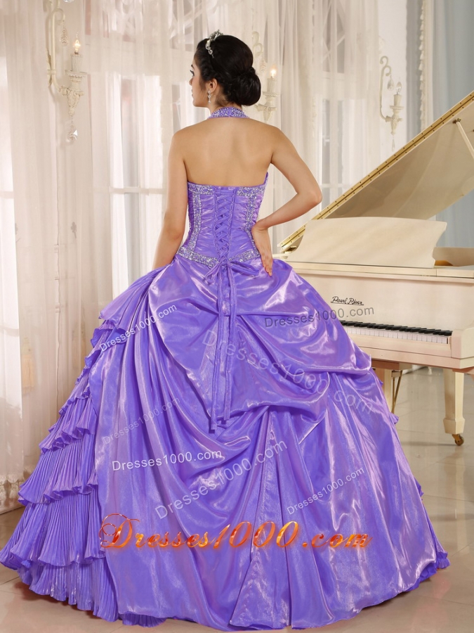 Halter Purple Halter Trop Pleats Dresses For a Quinceanera With Beaded Bodice