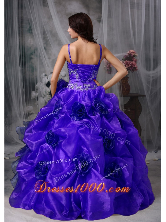 Purple Ball Gown Straps Beading Dress For Quinceanera with Ruffles and Hand Made Flowers
