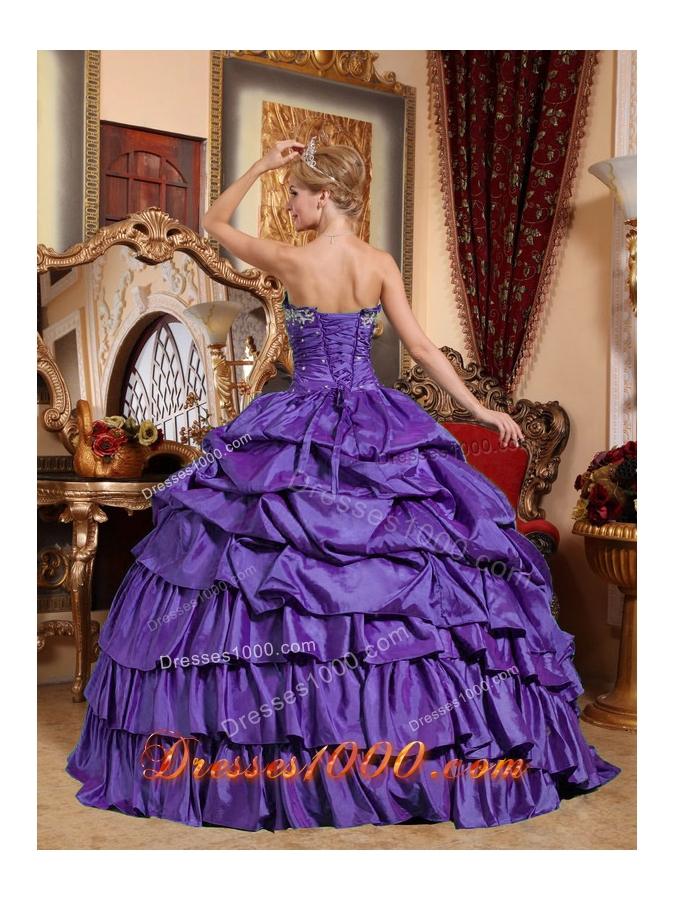 Purple Strapless Taffeta Sweet Sixteen Dresses with Appliques and Pick-ups