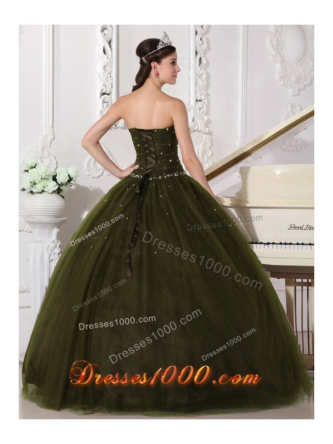 Ball Gown Sweetheart Tulle Olive Green Sweet 16 Dresses with Rhinestone