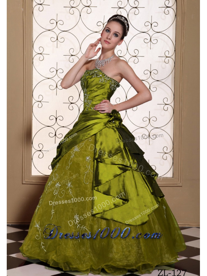 Modest Strapless Embroidery Decorate Olive Green Quinceanera Dress