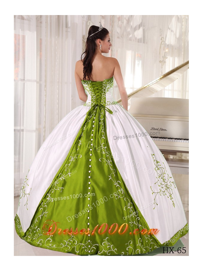Olive Green and White Strapless Embroidery Dresses For a Quinceanera