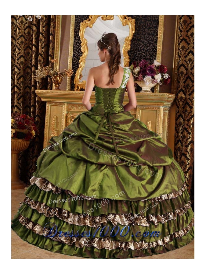 Olive Green One Shoulder Leopard Quinceneara Dresses with Appliques and Layers