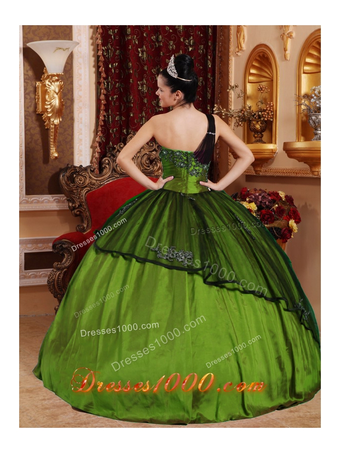 Olive Green One Shoulder Organza Quinceanera Gowns with Beading and Appliques