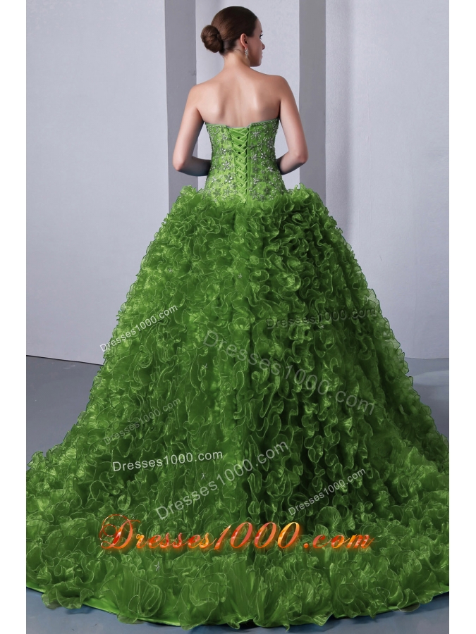 Olive Green Princess Sweetheart Brush Train Sweet Sixteen Dresses with Beading and Ruffles