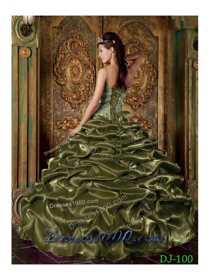 Olive Green Spaghetti Straps Taffeta Quinceaneras Dress with Pick-ups and Appliques