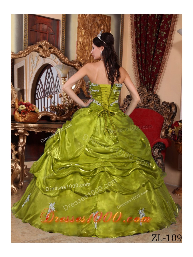 Olive Green Strapless Organza Appliques Sweet Sixteen Dresses
