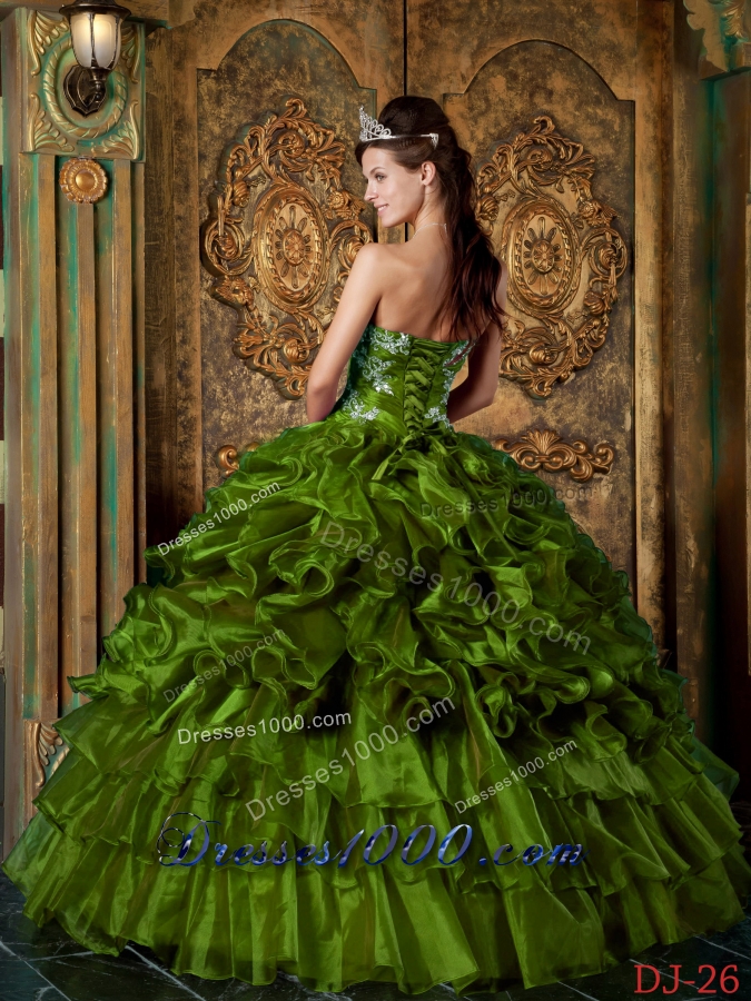 Olive Green Strapless Organza Sweet 16 Dresses with Appliques and Ruffles
