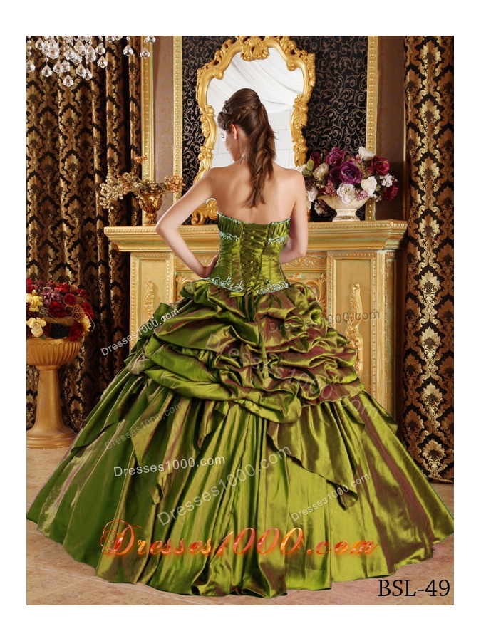 Olive Green Strapless Pick-ups and Appliques Sweet Sixteen Dresses