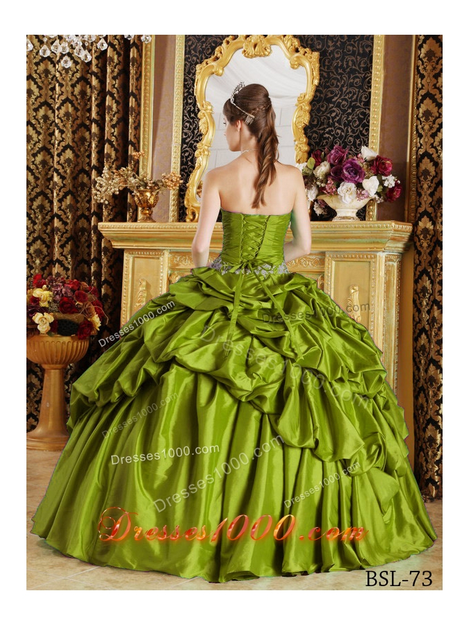 Olive Green Strapless Sweet Sixteen Dresses with Appliques and Beading