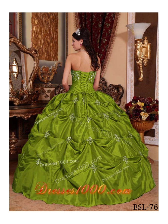 Olive Green Strapless Taffeta Appliques Sweet 16 Dresses with Pick-ups