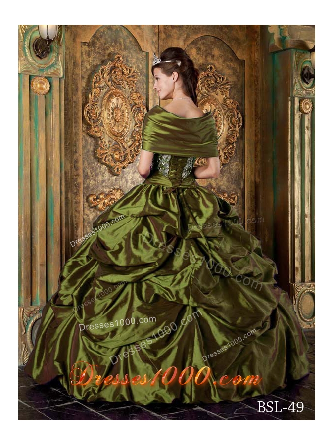 Olive Green Strapless Taffeta Embroidery Sweet Sixteen Dresses with Pick-ups