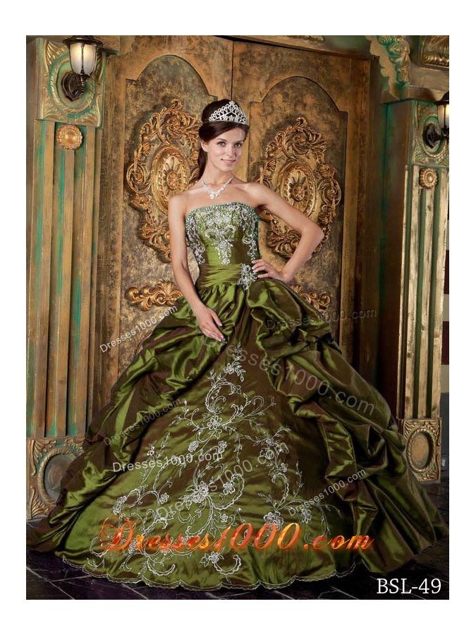 Olive Green Strapless Taffeta Embroidery Sweet Sixteen Dresses with Pick-ups