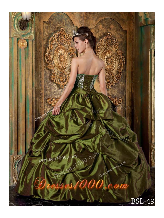 Olive Green Strapless Taffeta Embroidery Sweet Sixteen Dresses with Pick-ups