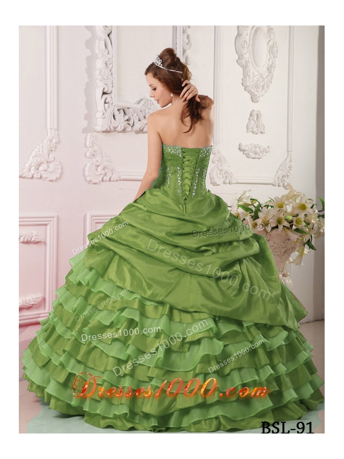 Olive Green Strapless Taffeta Sweet 15 Dresses with Beading and Layers
