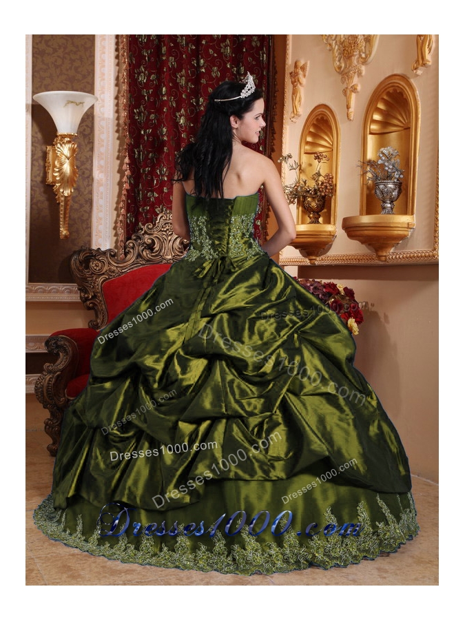 Olive Green Sweet 15 Dresses with Appliques and Pick-ups Sweetheart