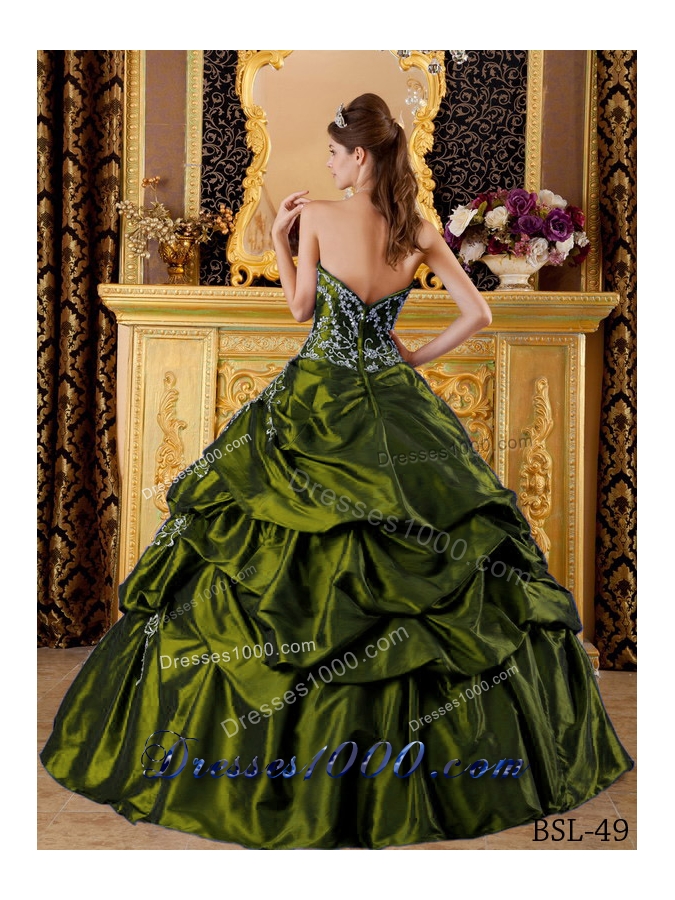 Olive Green Sweetheart Appliques Sweet Sixteen Dresses with Pick-ups