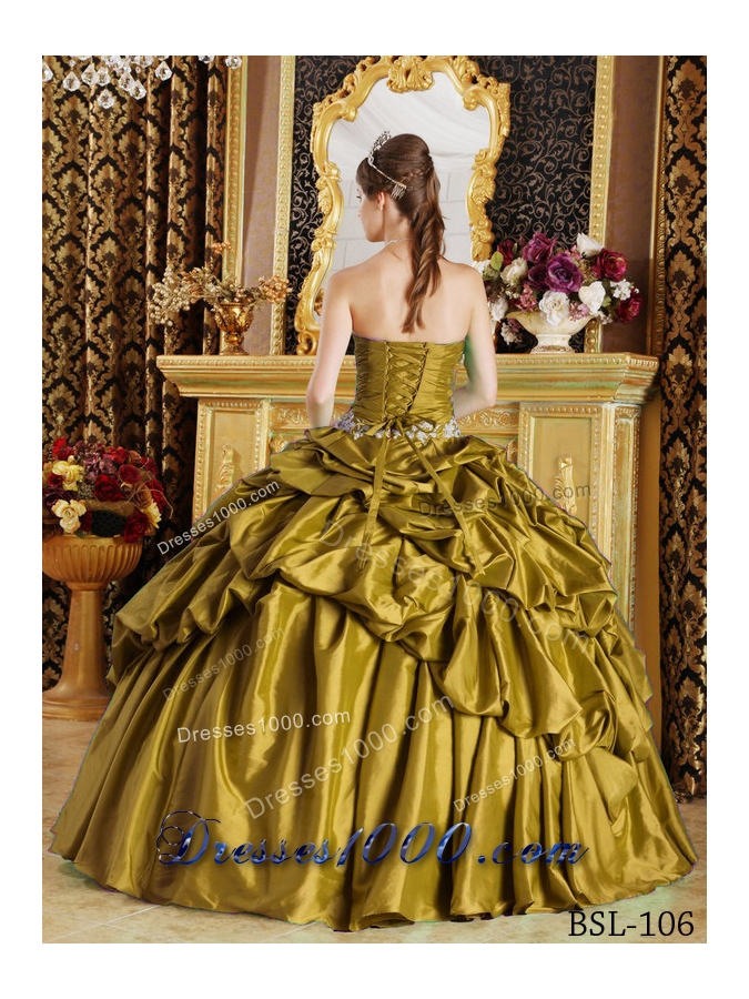 Ball Gown Strapless Olive Green Quinceaneras Dress with Appliques and Pick-ups