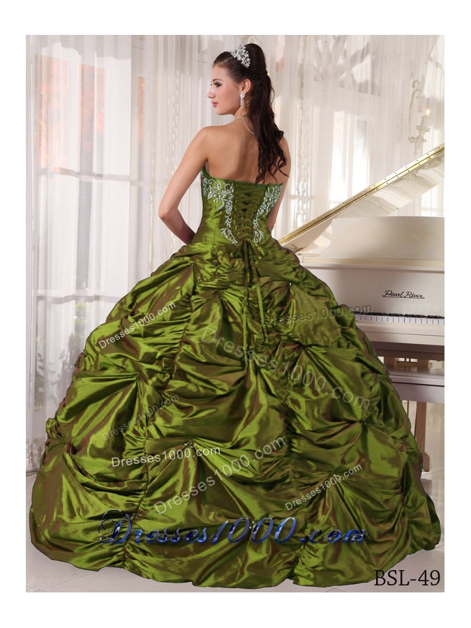 Elegant Olive Green Strapless Embroidery Dresses For a Quinceanera