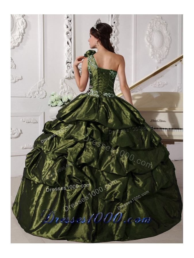 Olive Green Ball Gown One Shoulder Sweet 15 Dresses with Appliques and Pick-ups