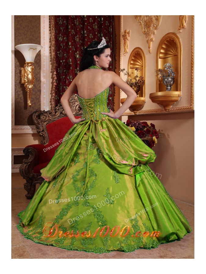 Olive Green Halter Appliques and Pick-ups Dress For Quinceaneras