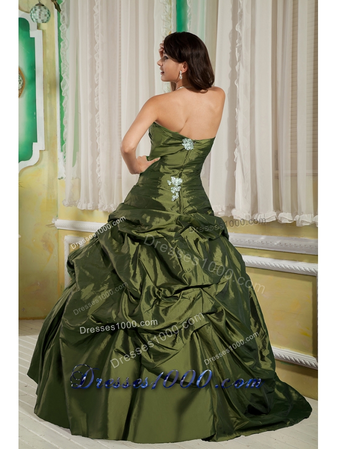 Olive Green Princess Strapless Taffeta Appliques Sweet 16 Dresses with Pick-ups
