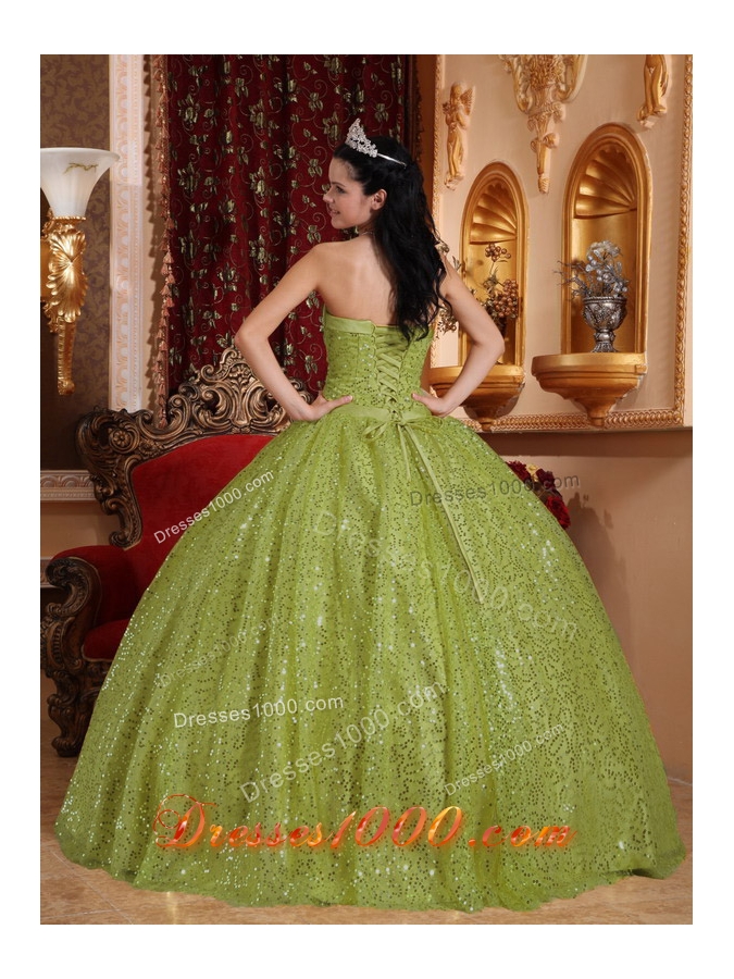 Olive Green Puffy Sweetheart Sweet 15 Dresses with Sequins