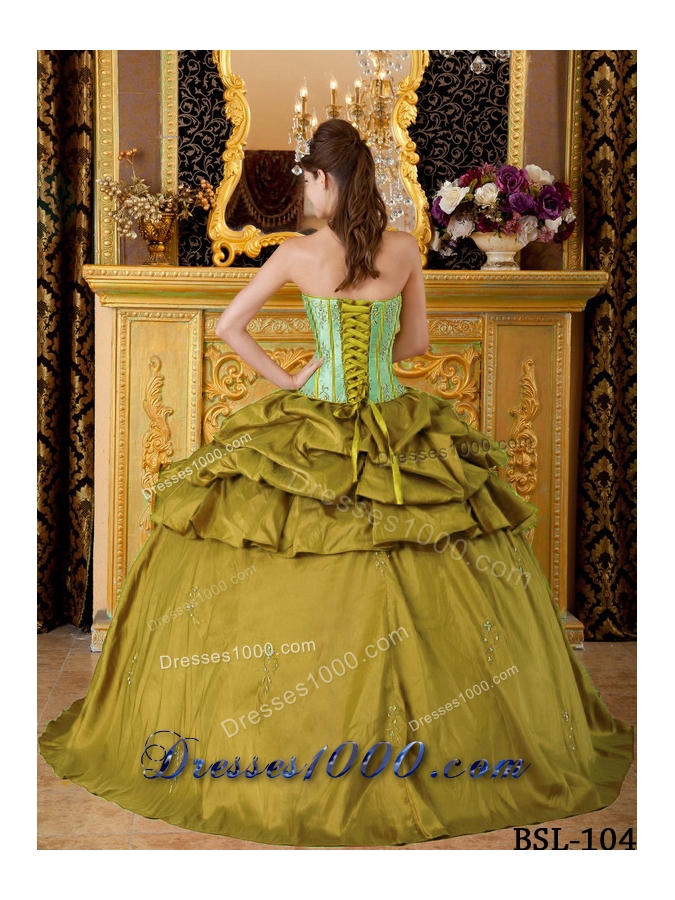 Olive Green Strapless Appliques Sweet 16 Dresses with Appliques and Pick-ups