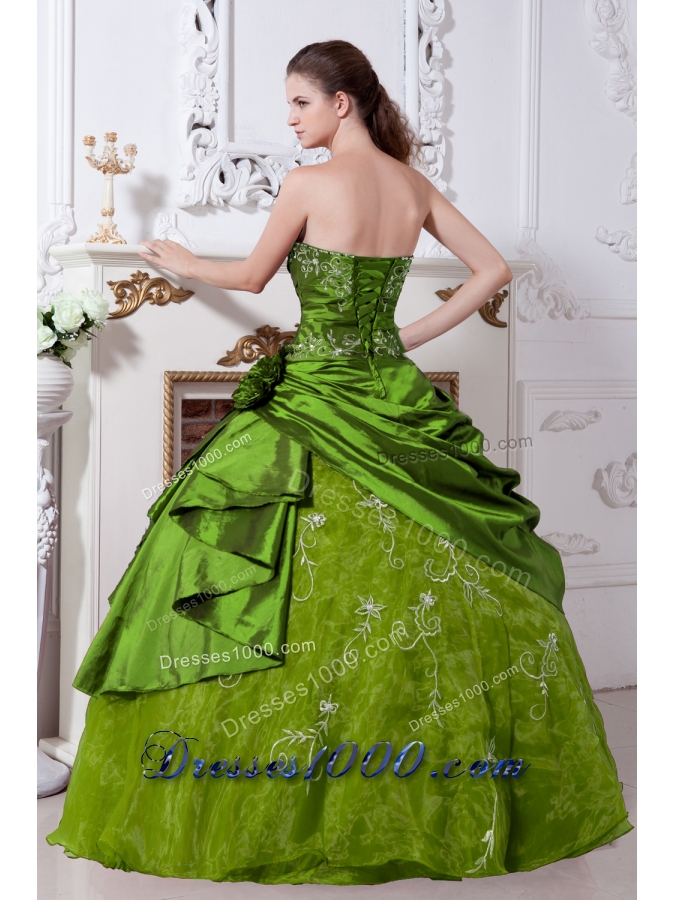 Olive Green Strapless Organza Sweet 16 Dresses with Embroidery and Pick-ups