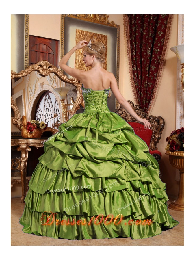 Olive Green Strapless Sweet Sixteen Dresses with Appliques and Pick-ups