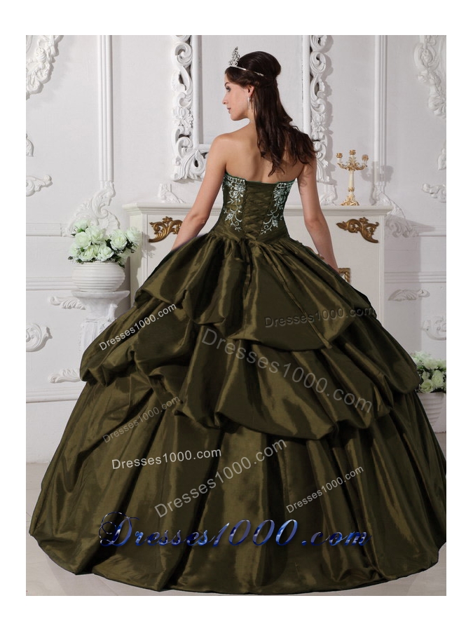 Olive Green Strapless Sweet Sixteen Dresses with Pick-ups and Embroidery
