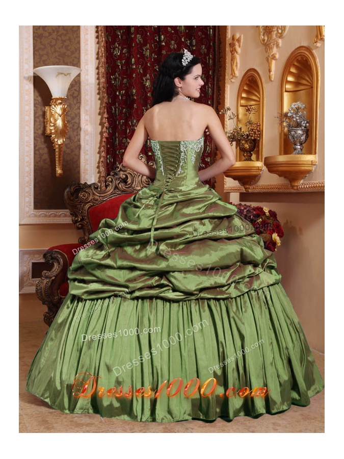 Olive Green Strapless Taffeta Appliques Quinceanera Dresses Gowns with Pick-ups